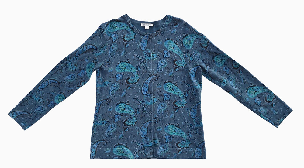 Pendleton Teal Sweater Floral Paisley Silk Blend Cardigan Women's Size Large